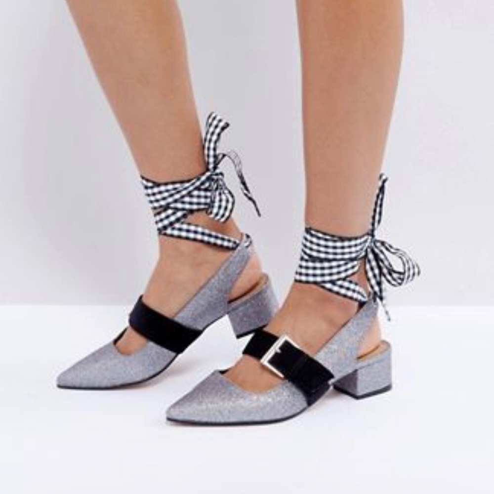 Silver Glitter Dorothy Style Mid Heels with Black Straps
